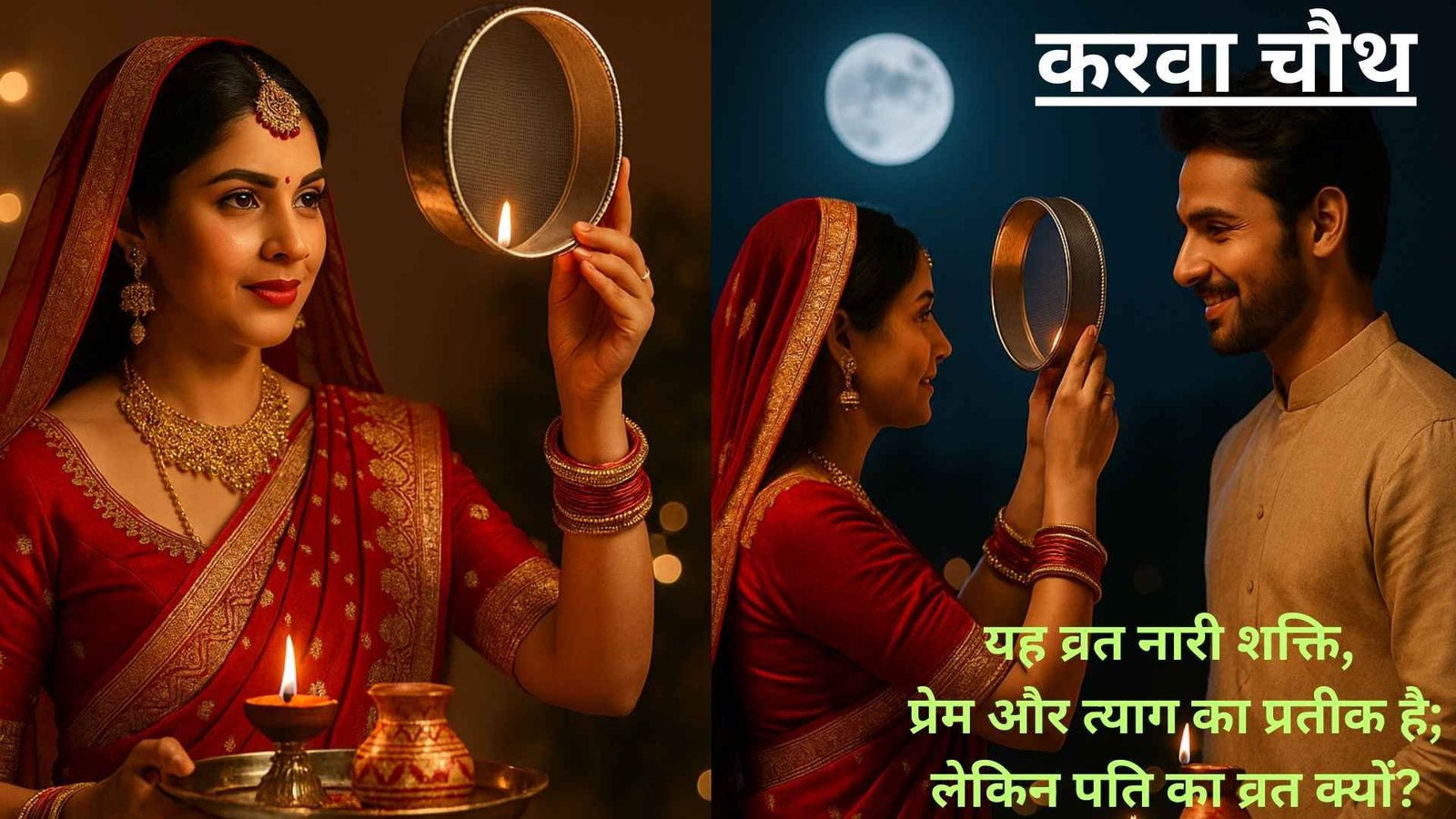 Karwa Chauth 2025 puja – wife looking at husband through sieve under moonlight