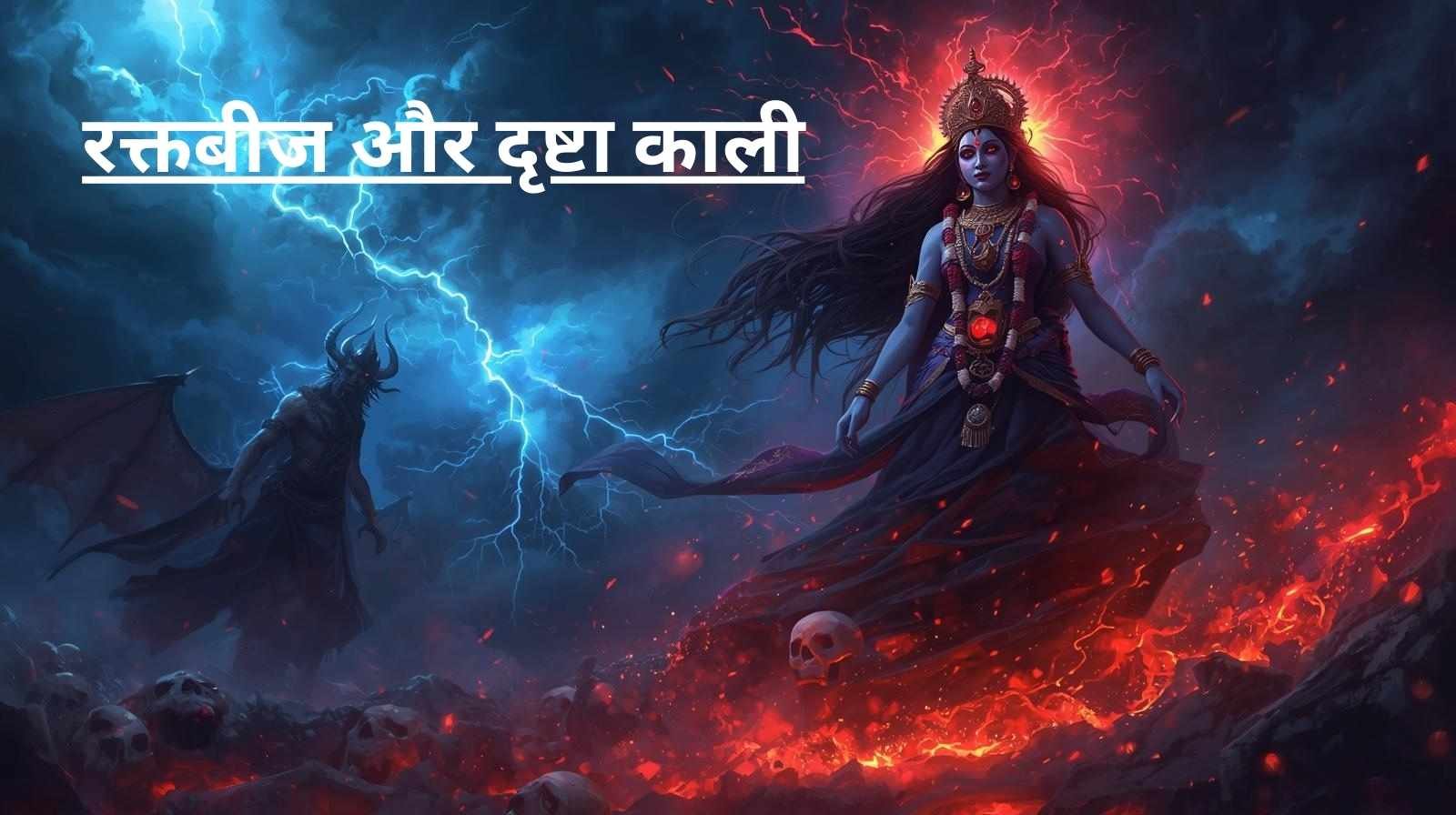 Raktbeej Aur Drishta Kali की आध्यात्मिक कथा – देवी काली का उग्र दिव्य रूप और अनंत इच्छाओं पर विजय का प्रतीक