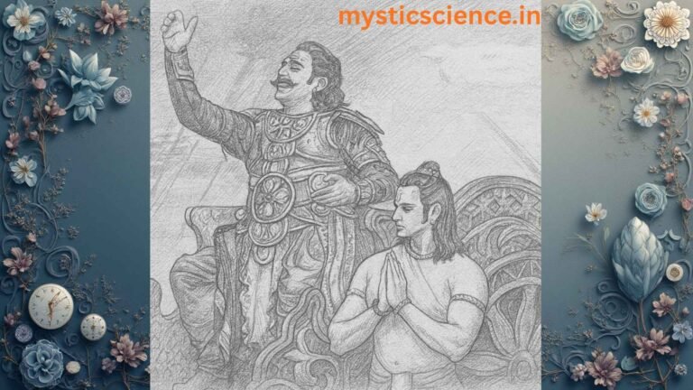 Ahankar aur Vinamrata का प्रतीक चित्र — एक राजसी योद्धा और एक विनम्र साधक का रेखाचित्र, जो जीवन में ज्ञान, शक्ति और नम्रता के संतुलन को दर्शाता है।