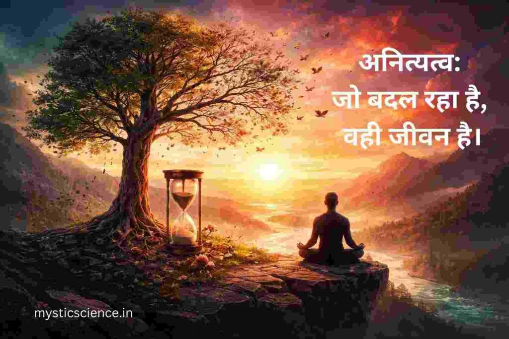 Impermanence in life philosophy दर्शाता ध्यानरत व्यक्ति, समय और परिवर्तन का प्रतीक दृश्य